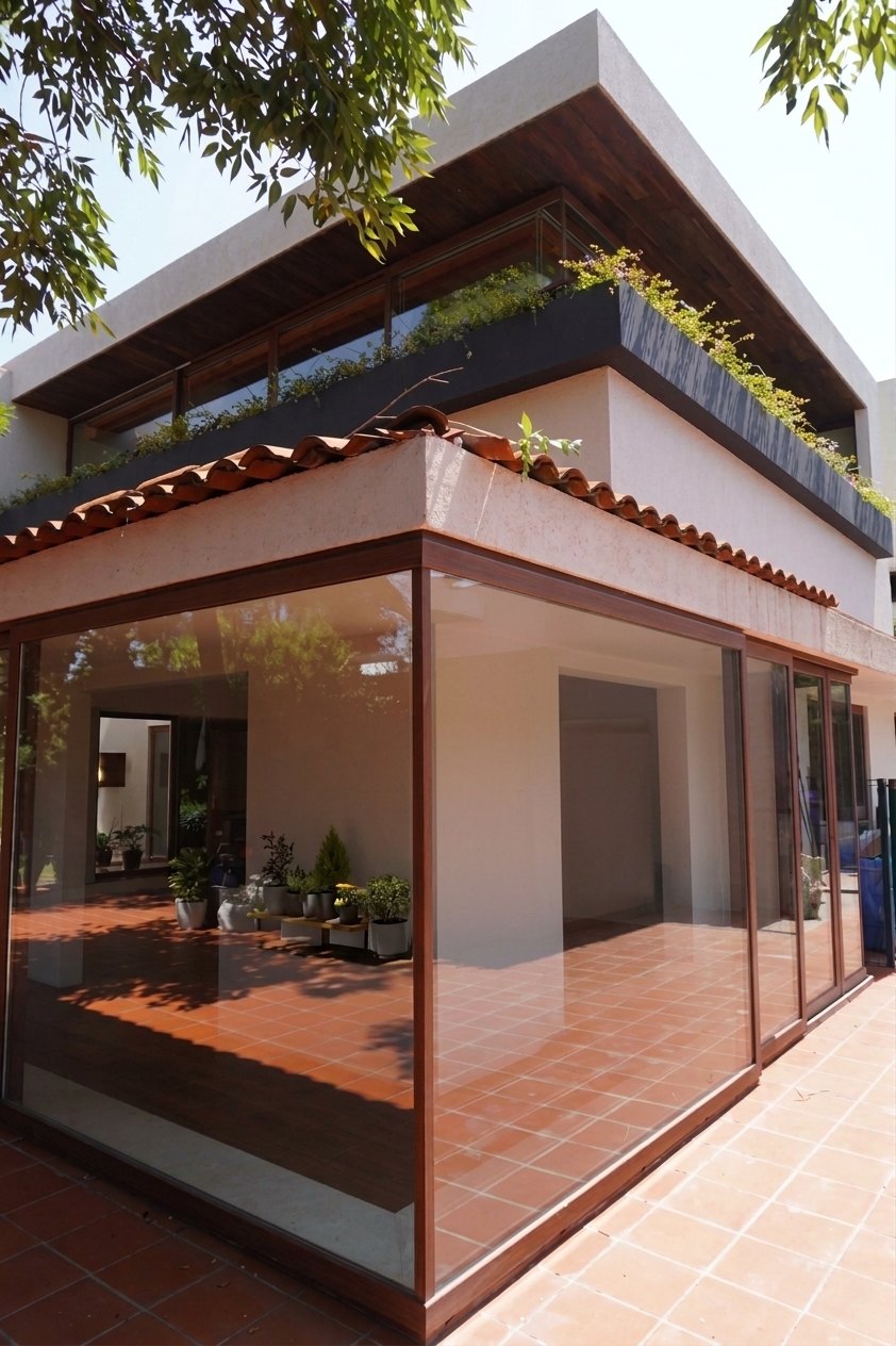 Terraza de madera con jardinera
