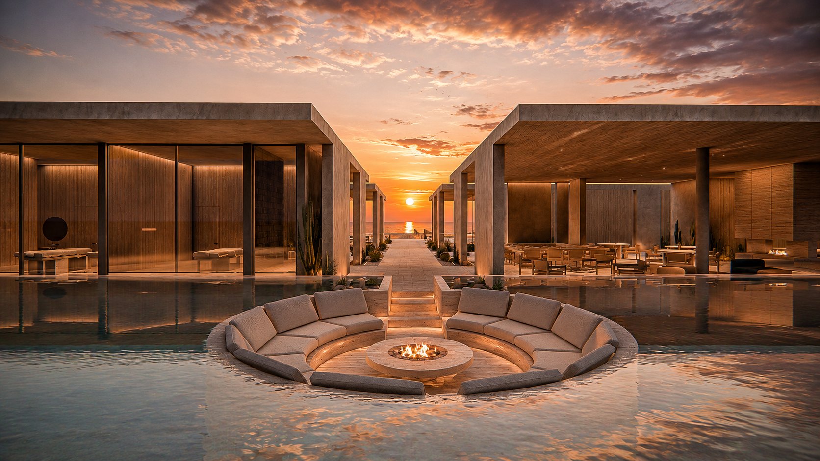 El patio con la fuente al atardecer