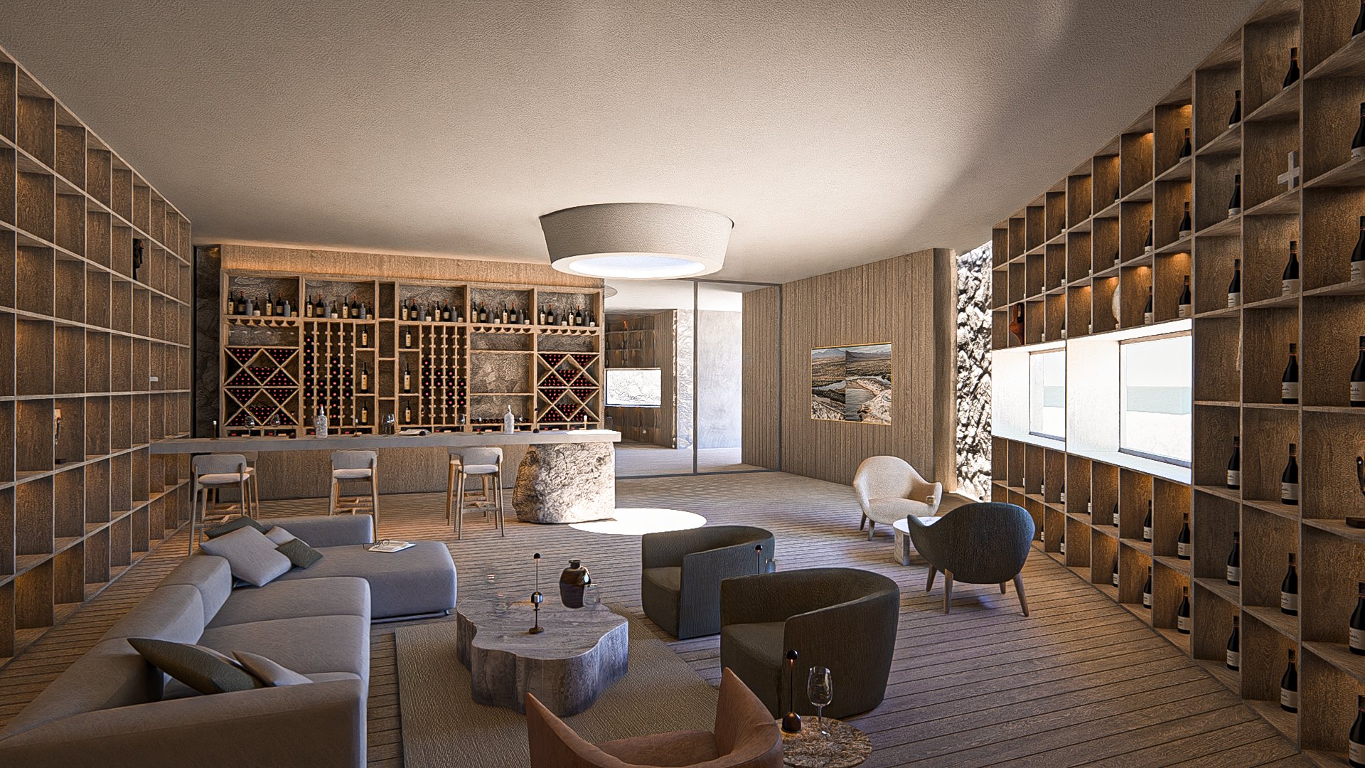 Estancia curva con biblioteca y sillones