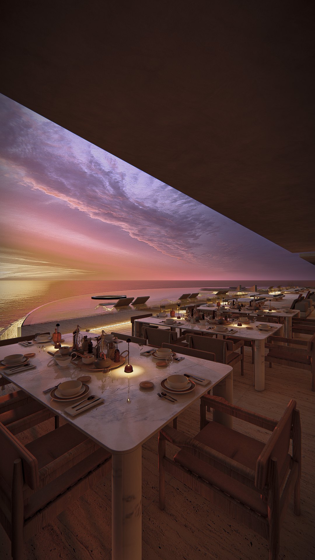 Comedor abierto al cielo malva del anochecer