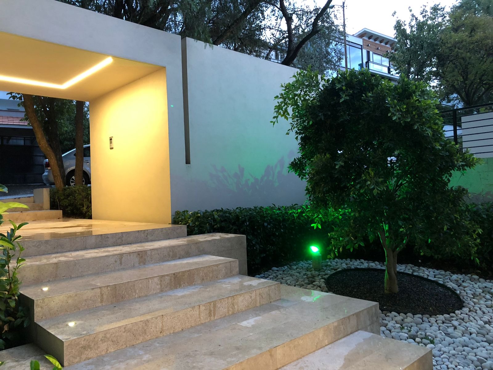 Escalinata de acceso iluminada entre la vegetación