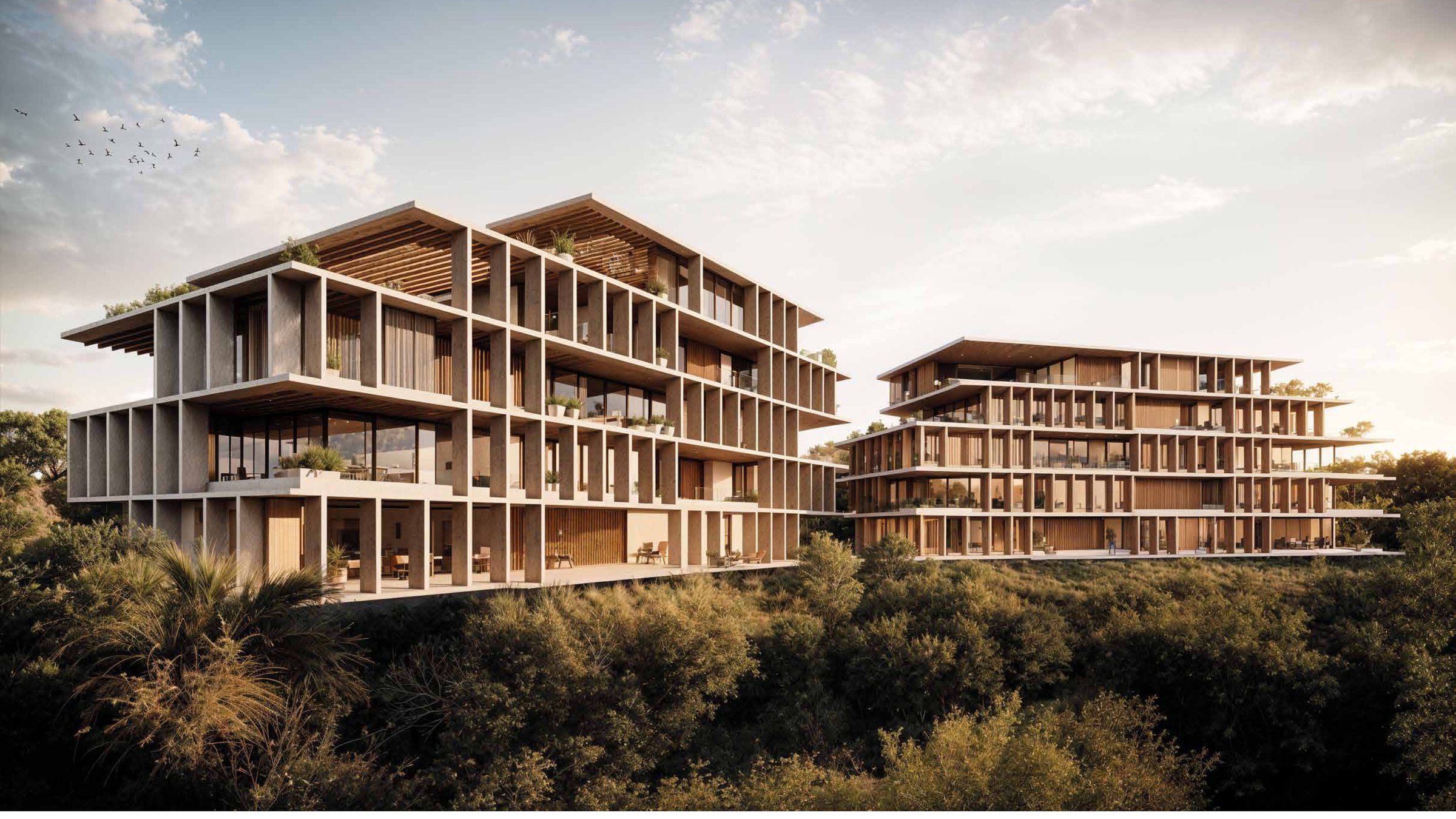El edificio de madera entre la vegetación