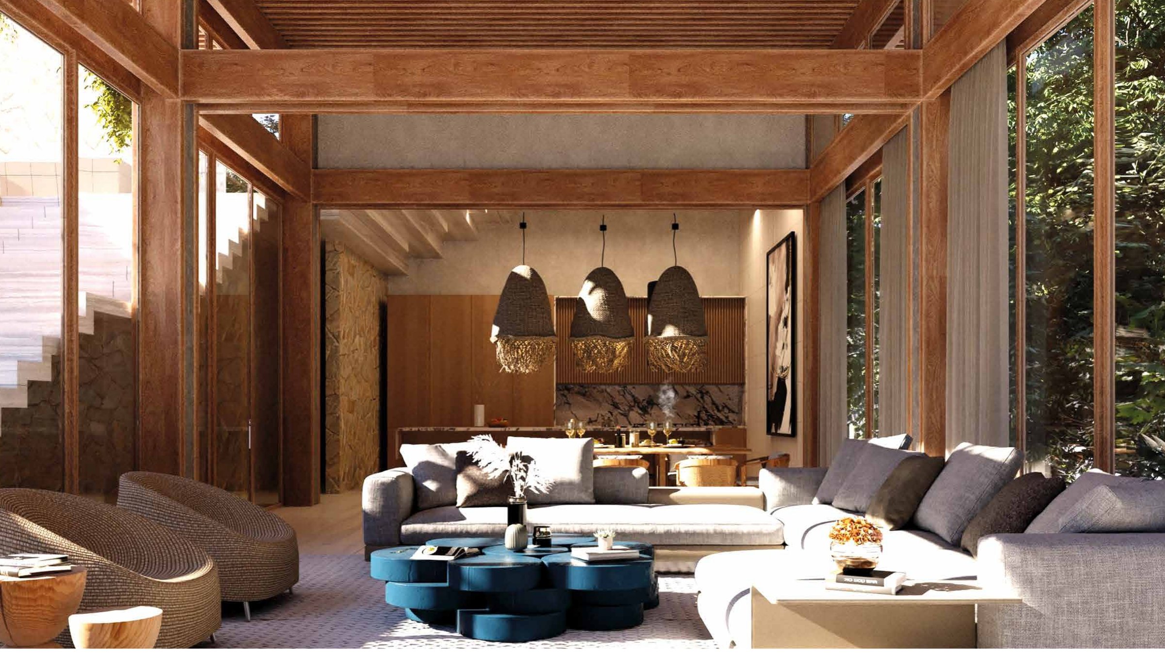 Estancia de madera con la sala y el comedor