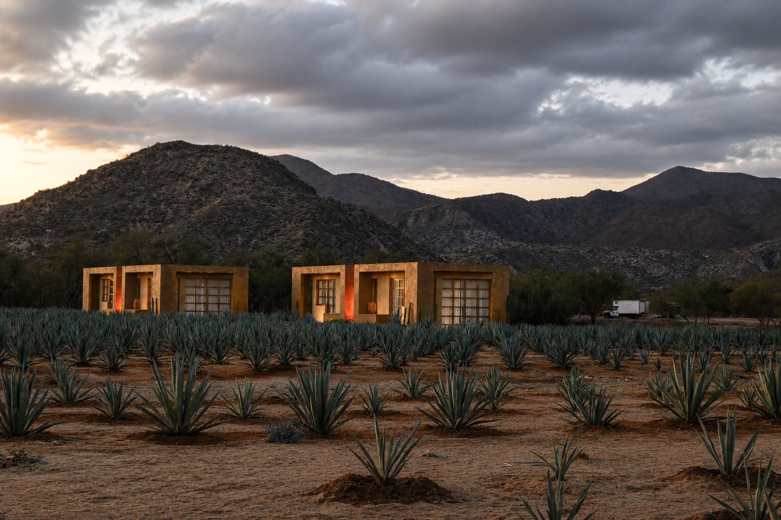 Las casitas entre el agave, con la sierra detrás