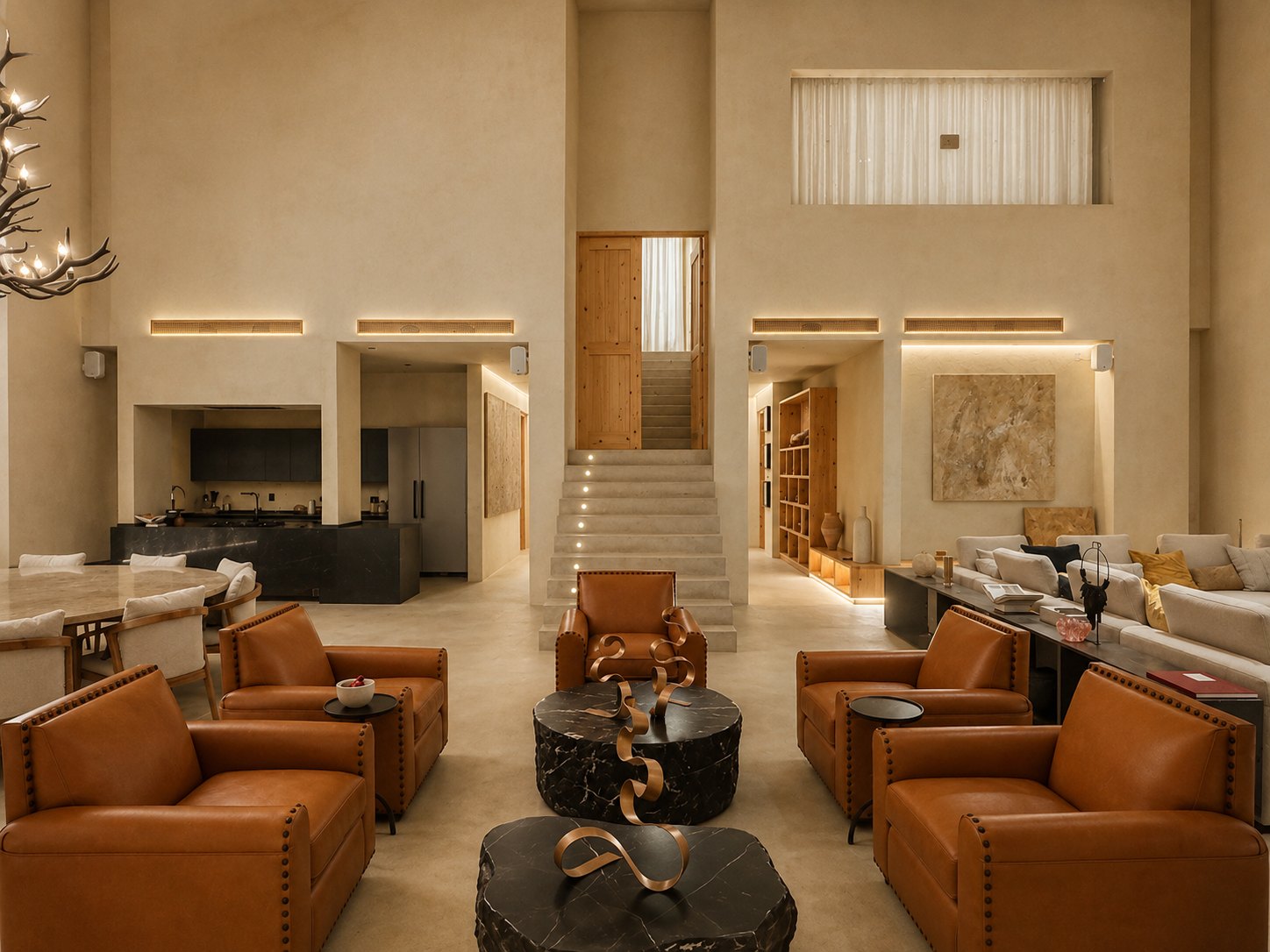 Sala con sillones de cuero frente a la chimenea