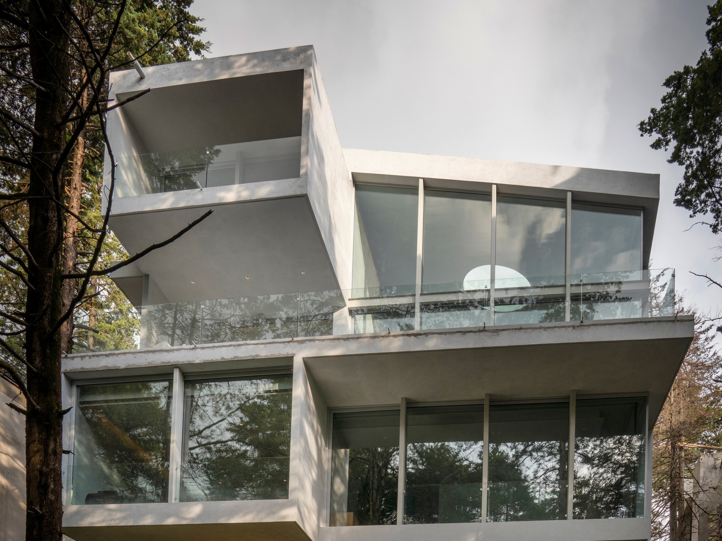 Casa ArRo: el volumen blanco en voladizo entre los árboles